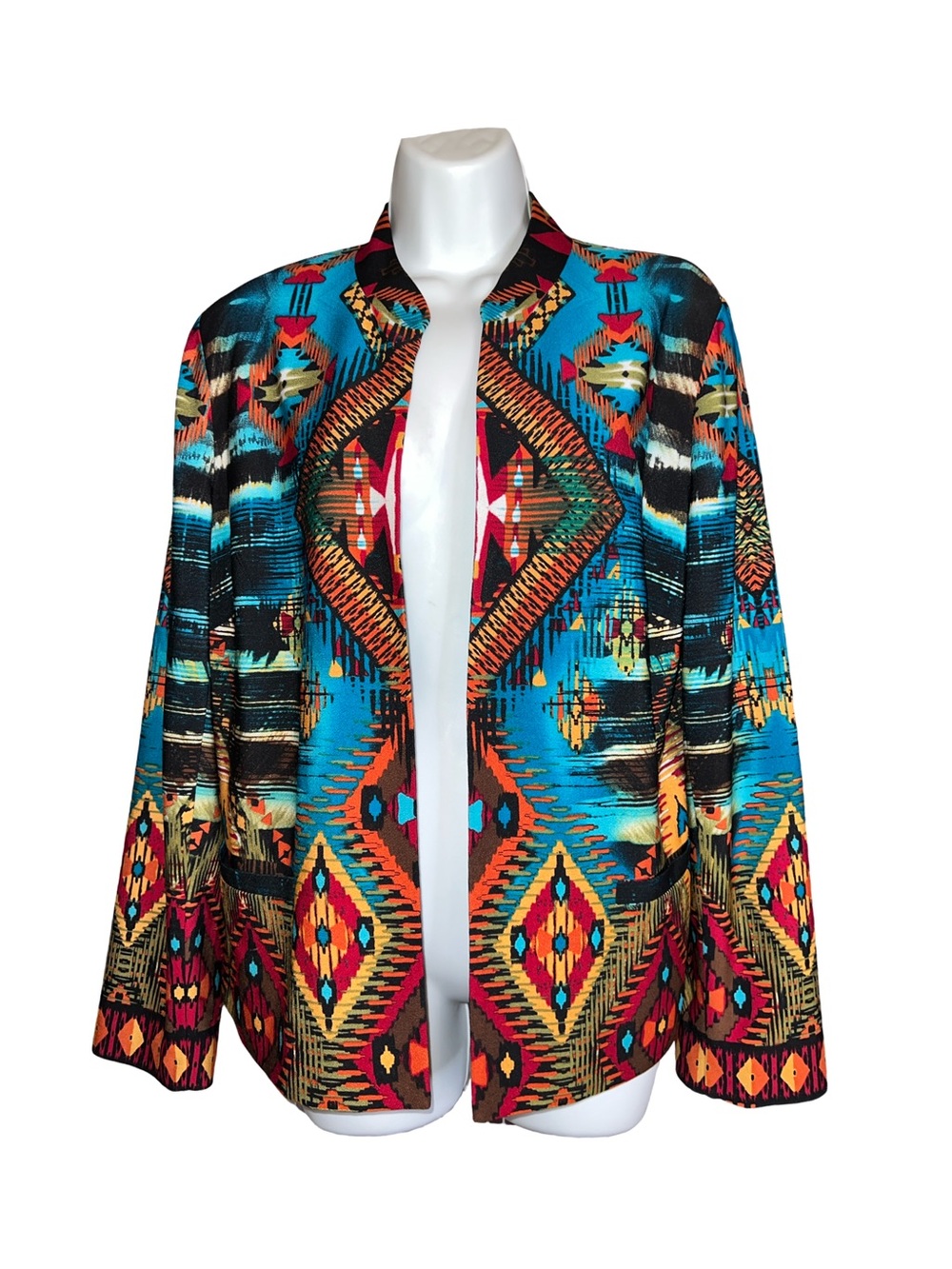 Chico's Kaila Open Front Blazer Aztec Southwest Inspired Artsy Geometric Jacket